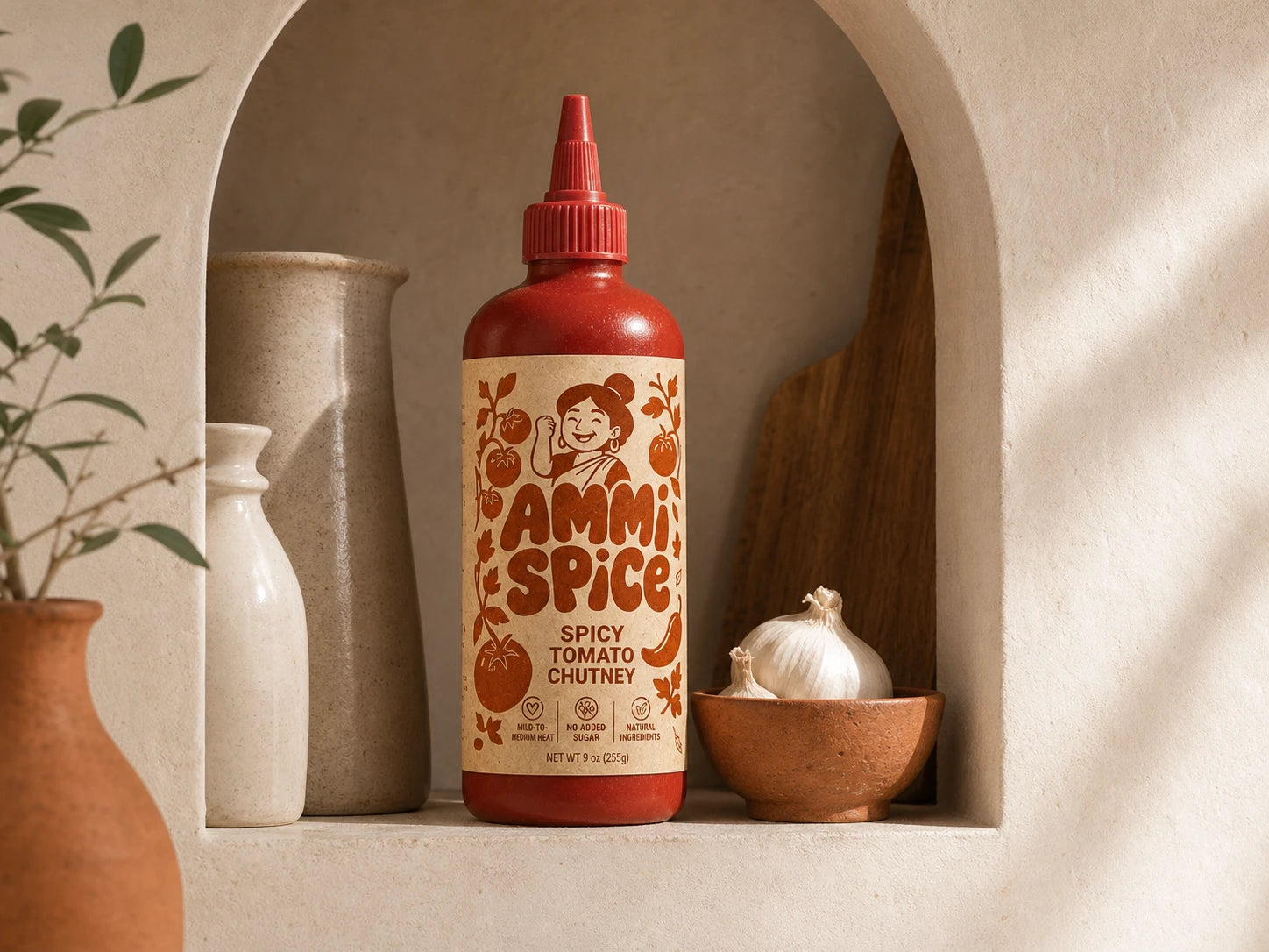 AMMI SPICE tomato chutney bottle with readable label in a kitchen niche