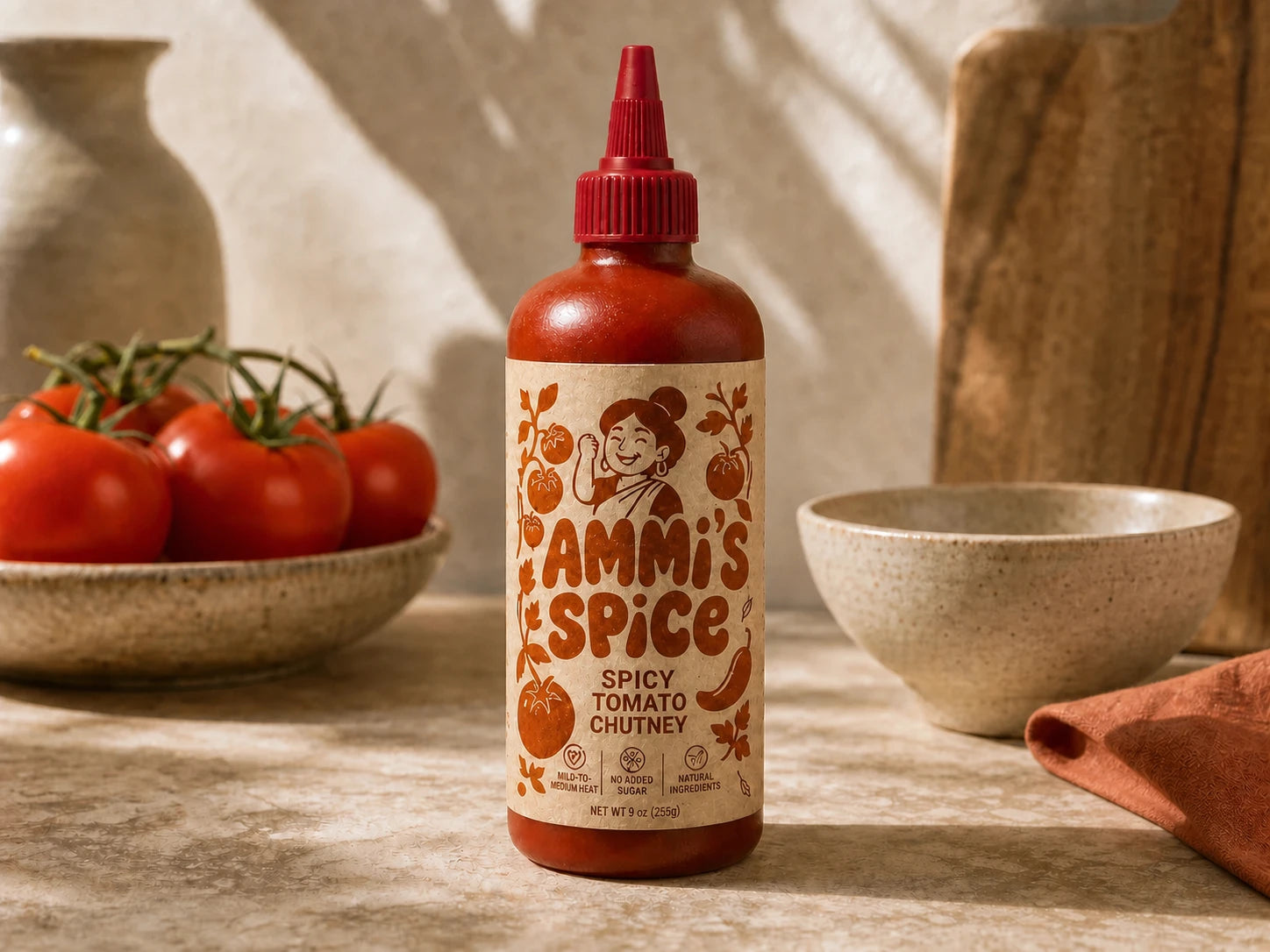 AMMI'S SPICE tomato chutney bottle on a warm kitchen counter