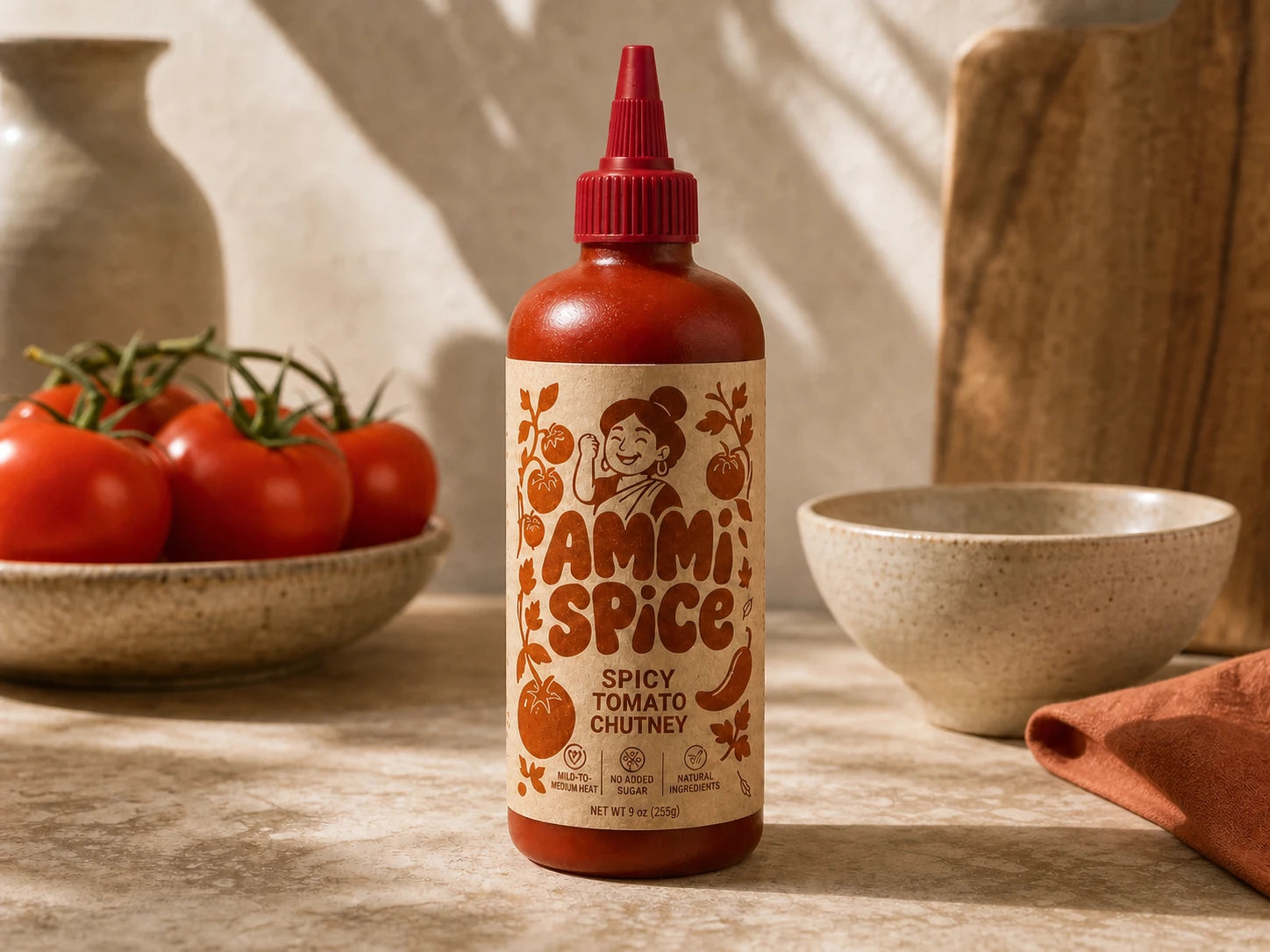 AMMI SPICE tomato chutney bottle on a warm kitchen counter